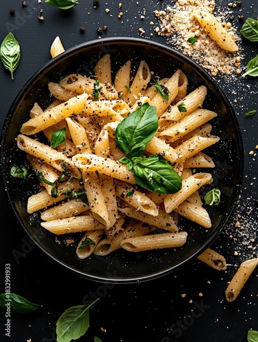 Overhead shot of a bowl of penne pasta with basil leaves and spices on a black surface. Food photography.