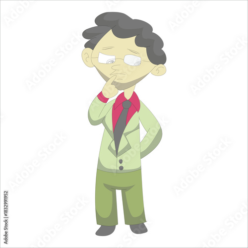 Thoughtful cute cartoon businessman thinking with hand on chin. Concept of a spooky idea or plan