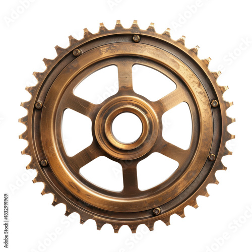Vintage bronze gear showcasing intricate details and craftsmanship in industrial style on transparent background