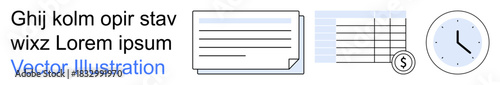 Business planning, productivity tools, time management, financial analysis, office documentation, accounting. Documents, tables and clock elements. Productivity and financial analysis concept