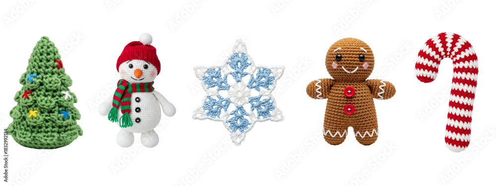 Fototapeta premium Collection of five crocheted christmas ornaments including a tree, snowman, snowflake, gingerbread man, and candy cane isolated on transparent background