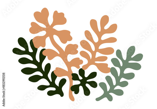 Composition of stylized leaves in varied shapes colored orange and green.