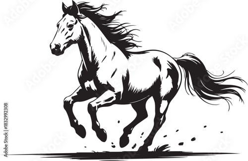 Dynamic horse stallion with long mane running gallop across open field under light breeze