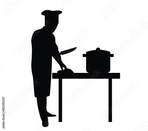 Silhouette of a Cook Preparing a Dish in the Kitchen. People and activities at work, culinary and food vector art