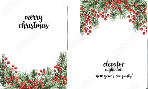 Set of watercolor Christmas templates, including "Merry Christmas" greeting, pine branches, red berries, and a New Year's Eve party nightclub invitation design.