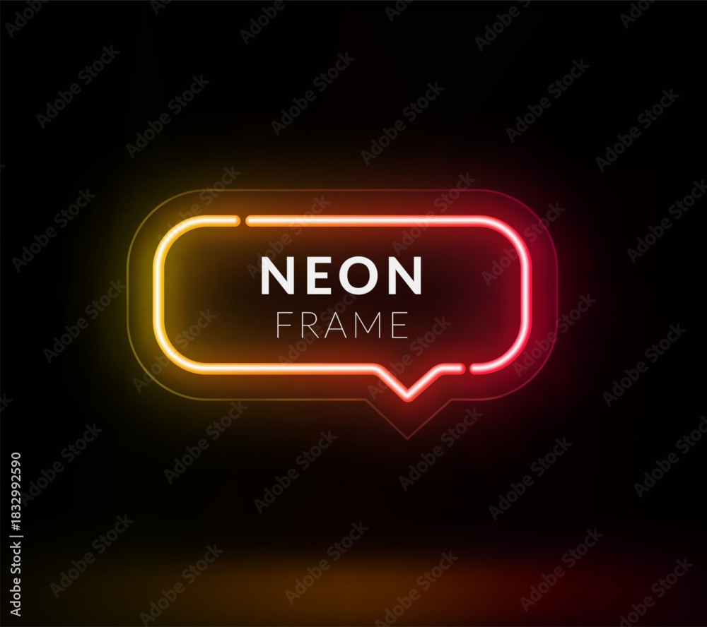 Naklejka premium Gradient neon speech bubble in dark room with reflective floor, illuminated chat icon with vibrant yellow red light