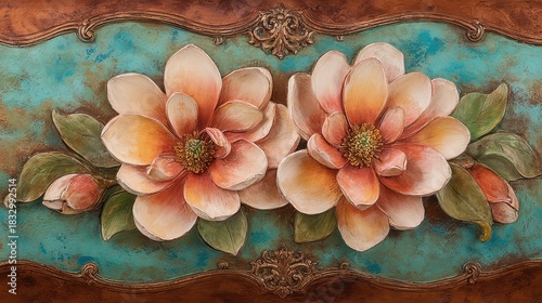 Close Up of Two Dimensional Floral Artwork With Turquoise Background and Copper Border