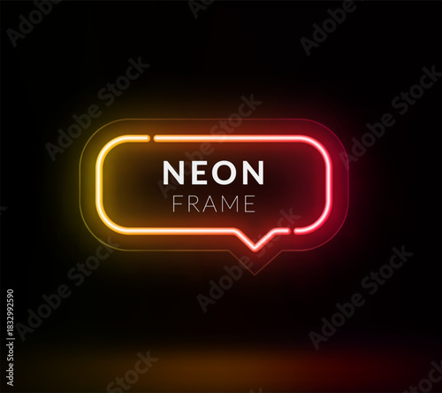 Gradient neon speech bubble in dark room with reflective floor, illuminated chat icon with vibrant yellow red light