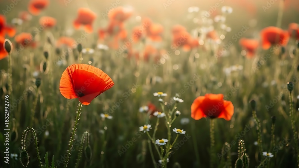 Fototapeta premium Beautiful nature photograph of a field of red poppies bathed in warm, hazy sunlight and golden glow.