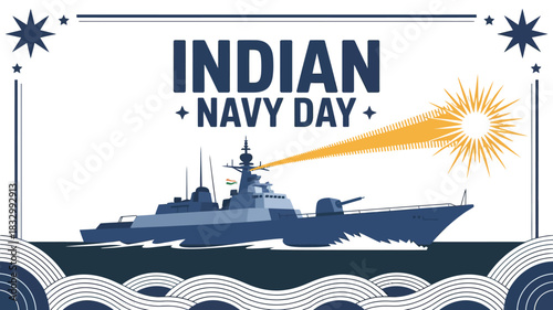 Indian Navy Day Poster with Warship and Waves Illustration