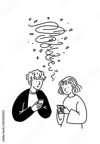 Man and woman look at phones with a chaotic scribble tornado swirling above.