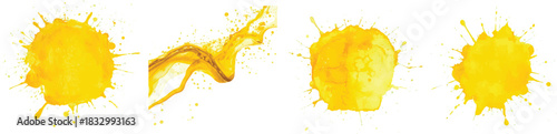 A bright yellow watercolor splash set with organic edges and fine splatters against a white background.