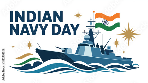 Indian Navy Day Warship and Waves Design with Indian Flag