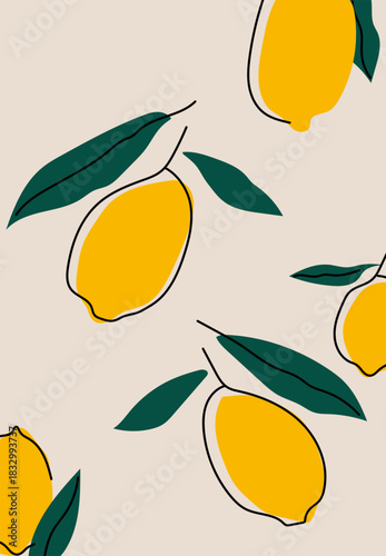 A repeating pattern of yellow lemons with green leaves on a light beige background.