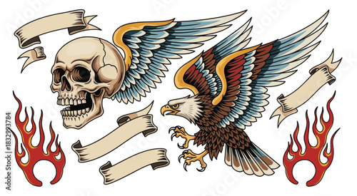 Bold traditional tattoo of a fierce eagle over a winged skull with flames and flowing ribbons.