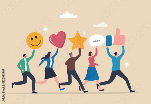 Social media customer feedback review, employee satisfaction, positive feedback on online ranking, giving high score rating, like or happy opinion concept, people carry social feedback elements.