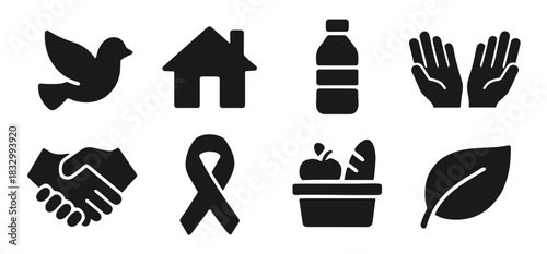 Charity and aid icon collection in black. Set includes dove, house, water bottle, open hands, handshake, ribbon, food basket, and leaf