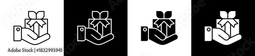 Gift icon set in line and glyph style on black and white background