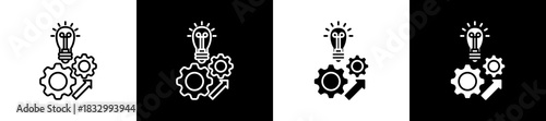 Development icon set in line and glyph style on black and white background