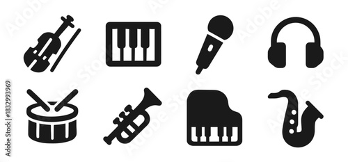 Music icon collection in black featuring violin, piano keys, microphone, headphones, drum, trumpet, grand piano, and saxophone