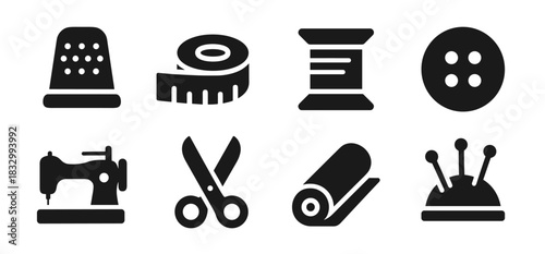Sewing icon collection in black featuring thimble, measuring tape, thread spool, button, sewing machine, scissors, fabric roll, and pin cushion