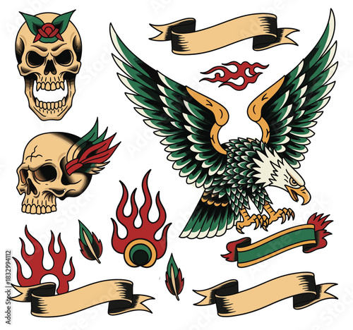 Tattoo elements collection. Big set for design. Old school tattooing style