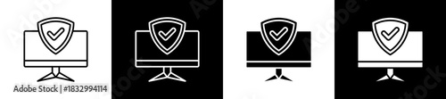 Antivirus icon set in line and glyph style on black and white background