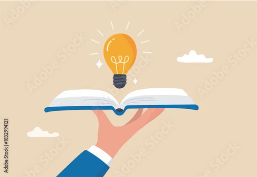Knowledge or education, study or learning new skill, creativity or idea, reading book for inspiration, discover solution or literature, wisdom concept, hand hold open book to discover lightbulb idea.