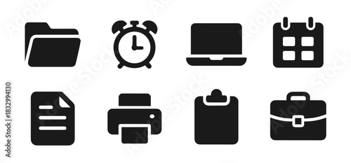 Office icon collection in black featuring folder, alarm clock, laptop, calendar, document, printer, clipboard, and briefcase