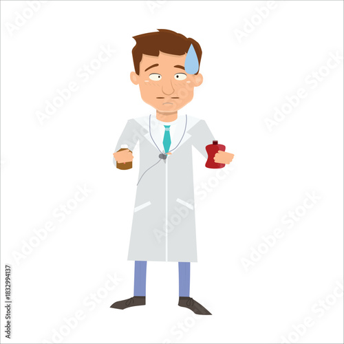Stressed doctor holding a coffee cup and looking tired or unwell. Concept of burnout