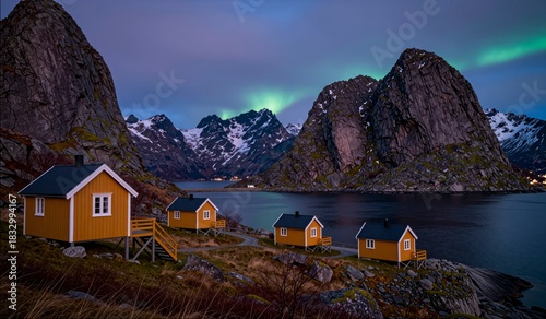 Sunset glow and northern lights illuminate charming cabins in a serene mountain bay