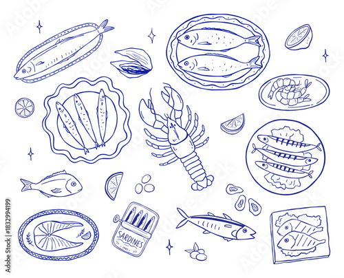 Mediterranean seafood illustration with lobster, lemon, and coastal food elements. Hand drawn fish and can of sardines. Perfect for Italian restaurant menu design or summer postcard