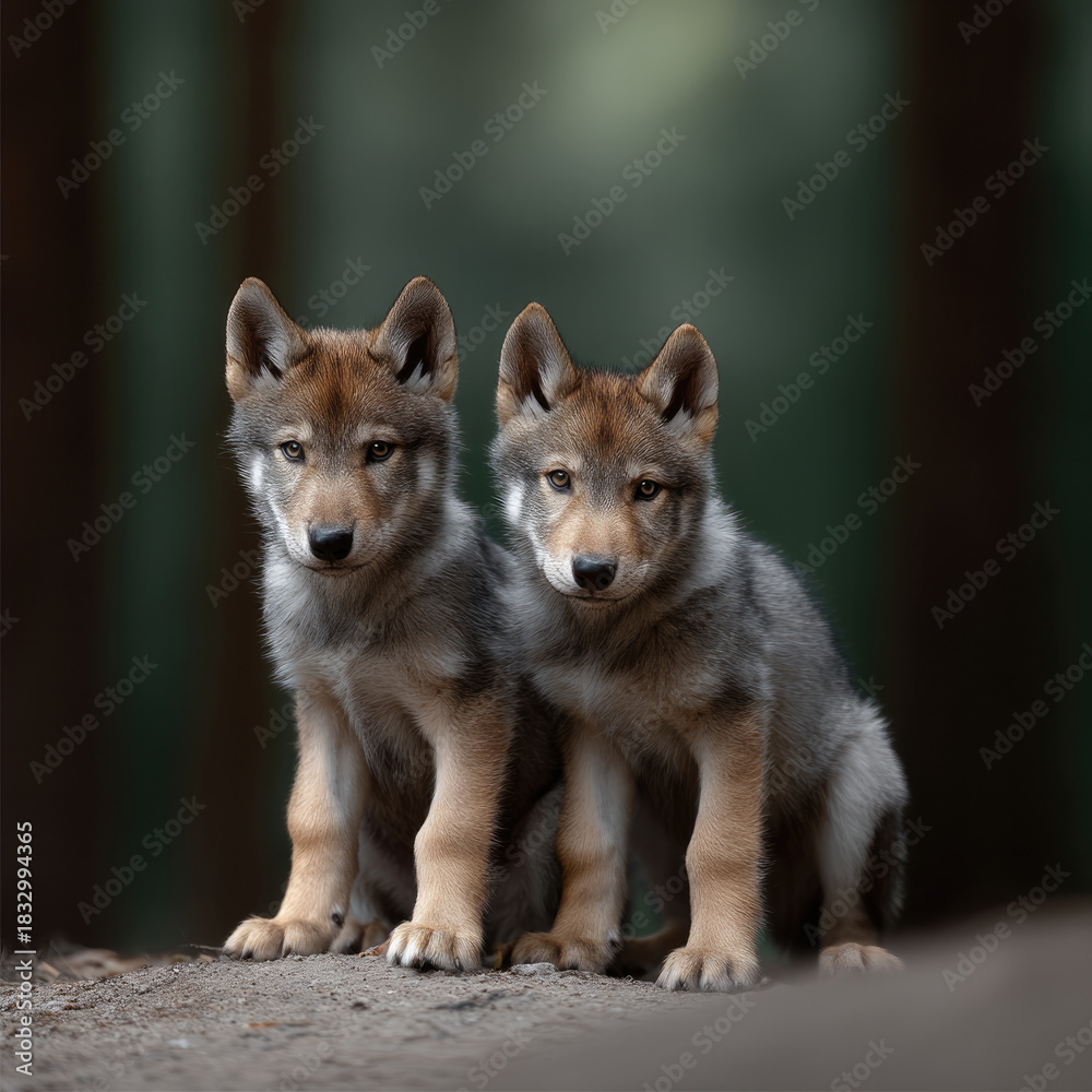 Naklejka premium Cute wolf puppies sitting together in forest, fluffy fur, alert expression, natural light, wildlife, adorable animal friendship