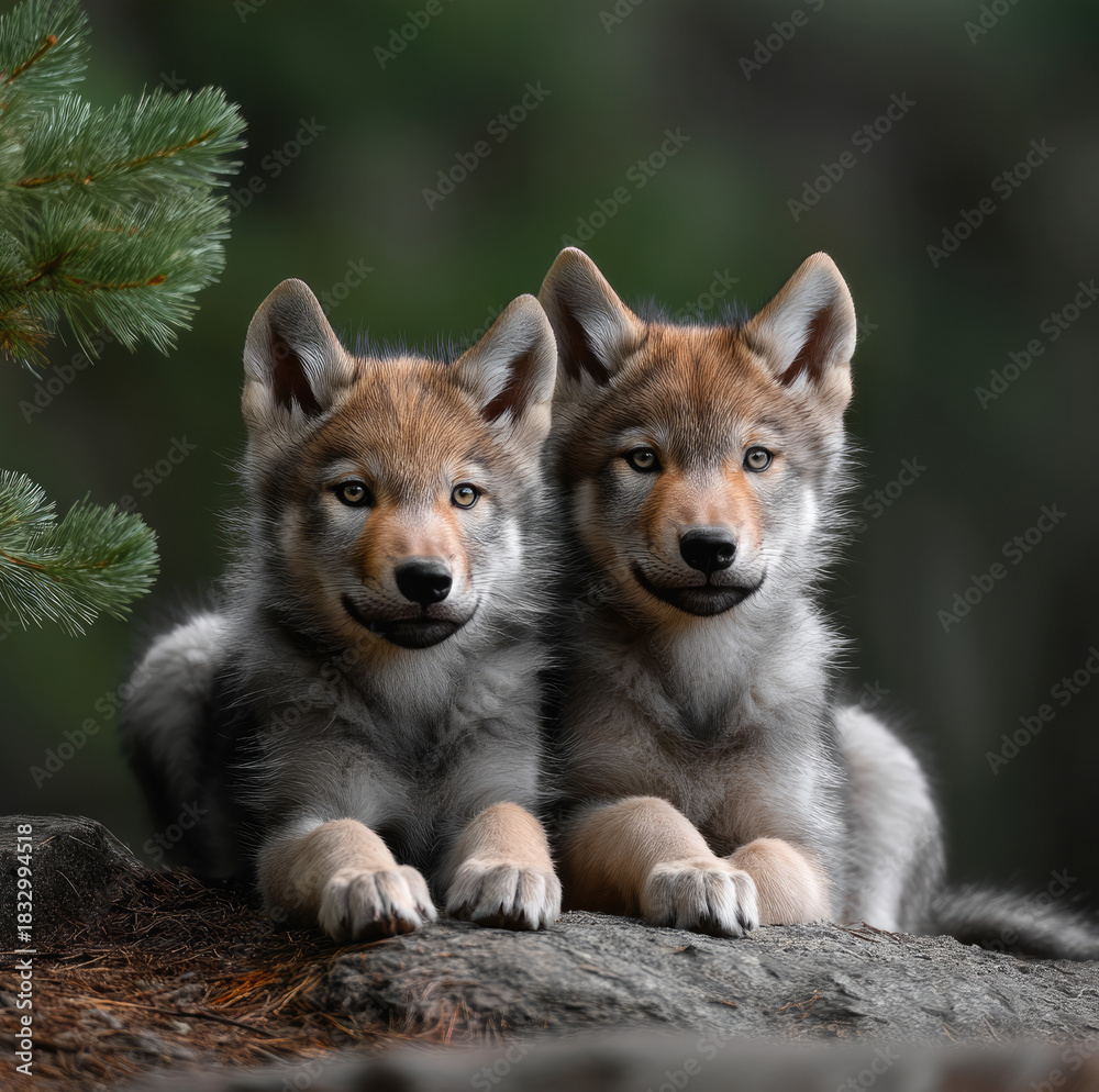 Naklejka premium Cute wolf puppies with fluffy fur lying together on forest rock, green pine tree in background, natural wildlife scene