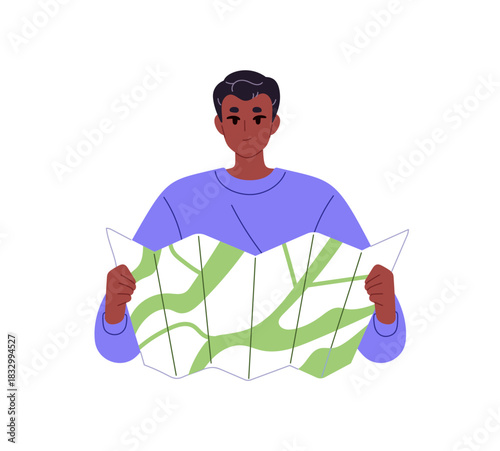 Tourist holds paper map in hands and looks for route in travel. Black boy searches for path, navigates during hiking. Person finds direction to destination. Flat isolated vector illustration on white