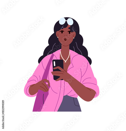 Black girl using smartphone, chats online. Young woman holds mobile phone, texting, surfing the Internet. Person with telephone scrolls social networks, Web. Flat isolated vector illustration on white