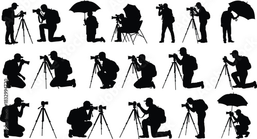 Silhouette icon set of photographers with tripods in various poses and weather setups for outdoor and editorial vector content