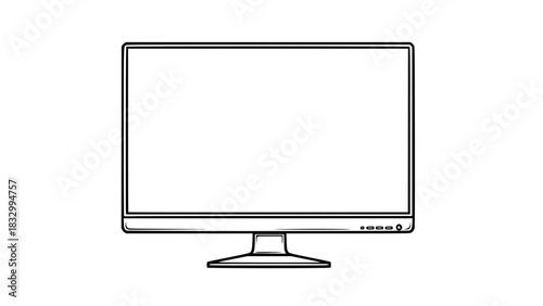 Desktop monitor vector, slim bezel, crisp outline drawing, isolated electronic device icon