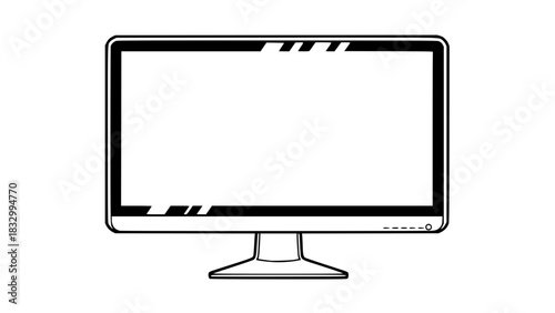 Desktop monitor vector, slim bezel, crisp outline drawing, isolated electronic device icon