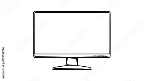 Desktop monitor vector, slim bezel, crisp outline drawing, isolated electronic device icon