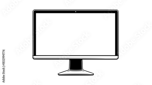 Desktop monitor vector, slim bezel, crisp outline drawing, isolated electronic device icon