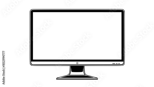 Desktop monitor vector, slim bezel, crisp outline drawing, isolated electronic device icon