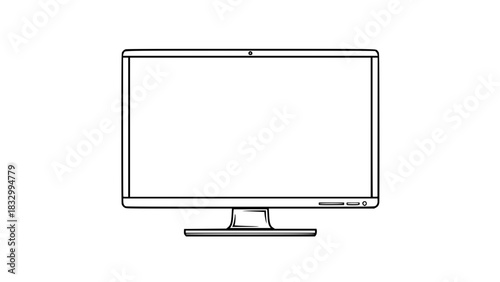 Desktop monitor vector, slim bezel, crisp outline drawing, isolated electronic device icon