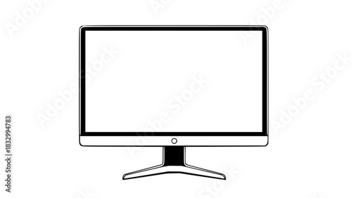 Desktop monitor vector, slim bezel, crisp outline drawing, isolated electronic device icon