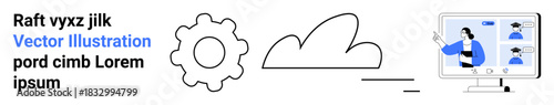 Cloud services, remote teamwork, virtual meetings, IT infrastructure, digital communication, software management. Design features cloud, gear and online interaction. Cloud services and remote