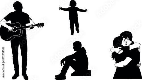 Silhouette illustration of guitar playing, child pose, contemplation, and hugging, black and white concept art showing emotion, music, and relationships