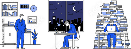 Businessman work routine, office setup, late-night laptop task, document review, data analysis, professional stress, career dedication, time management, productivity scene
