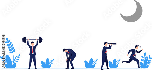 Businessman lifting weights, tired executive, telescope planning, running urgency, night work, moonlight dedication, professional journey, career stages, corporate effort, motivation, success pursuit