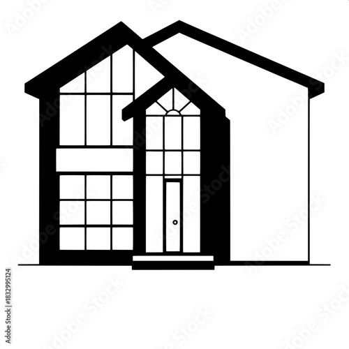 Clean, minimal house graphic rendered in a stark black and white color scheme, viewed from a direct frontal perspective, with sharp, geometric shapes and a prominent window grid that dominates the fac