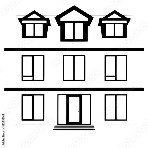 Clean, minimal house graphic rendered in a stark black and white color scheme, viewed from a direct frontal perspective, with sharp, geometric shapes and a prominent window grid that dominates the fac